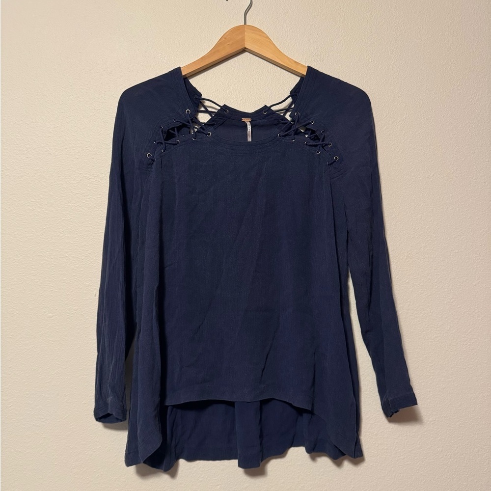 Free People Midnight Blue Lace-Up Blouse